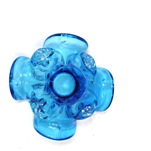 MCM Art Glass Blue Hand Blown Curly Wavy Top Bowl/Votive Candle Holder 3 1/2"t - Picture 4 of 5